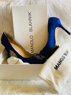 Manolo Blahnik Hangisi 70 Blue Satin Pumps with Jeweled Buckle